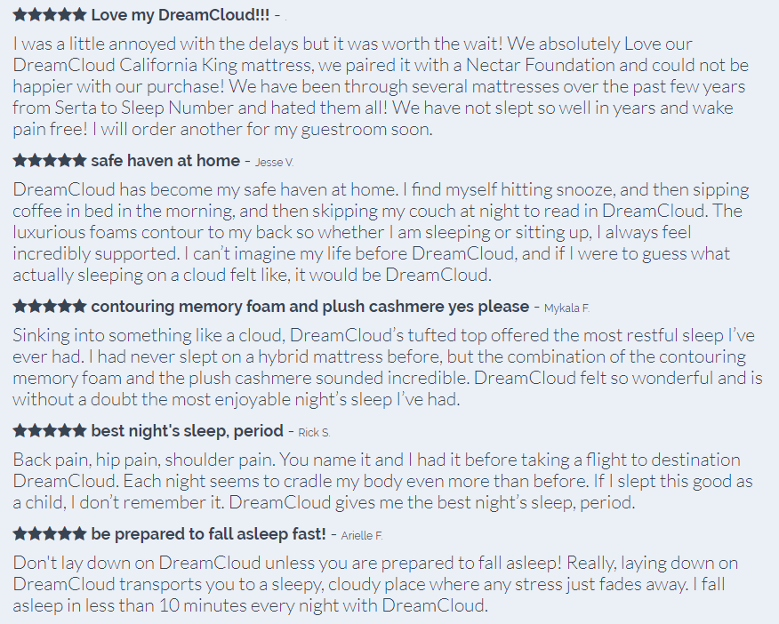 Dreamcloud Customer Reviews